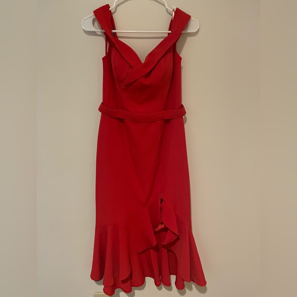 JJs House Red Asymmetrical Ruffle Midi Dress